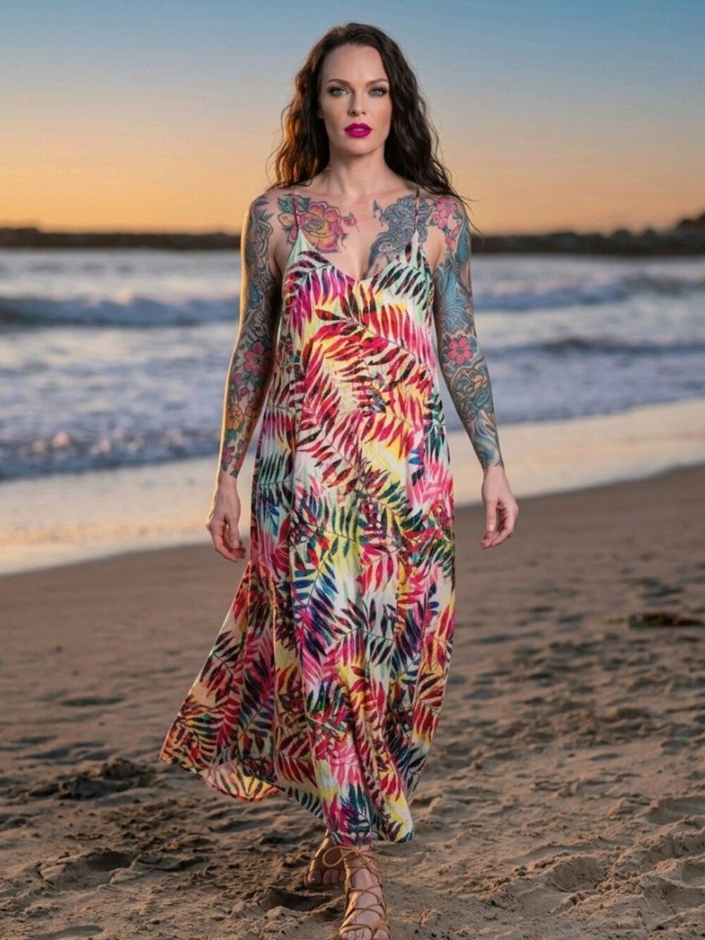 Nicole Miller Tropical Leaf Print Built In Bra Spaghetti Strap Maxi Dress EUC XS